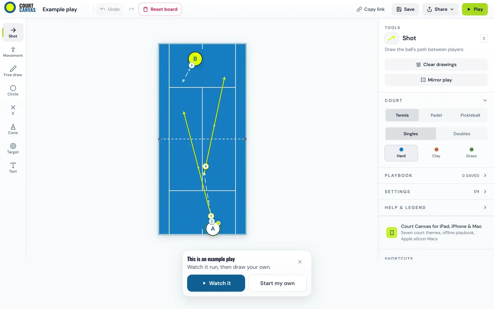 Court Canvas web app: a blue tennis court with two players and yellow shot arrows, tools down the left, court settings on the right.